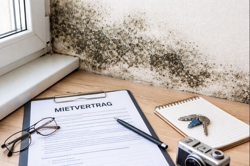Schimmel in der Wohnung an der Wand neben einem Fenster – Mietvertrag und Schlüssel liegen auf dem Tisch