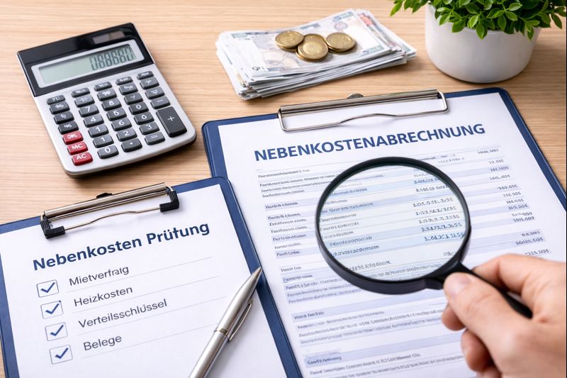 Nebenkostenabrechnung prüfen in der Schweiz – Abrechnung wird mit Lupe, Taschenrechner und Checkliste kontrolliert