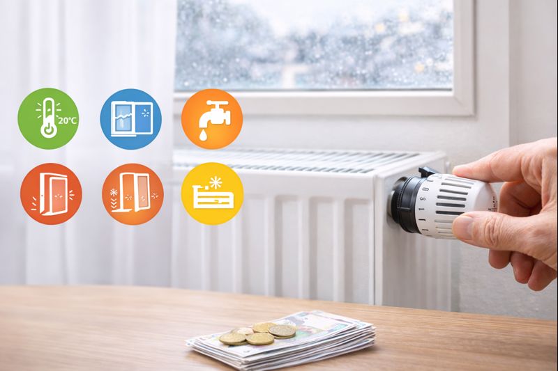 Heizkosten sparen in der Mietwohnung – Hand stellt Heizkörperthermostat ein, Symbole zeigen energiesparendes Verhalten