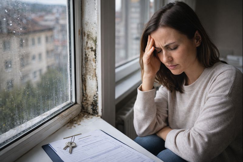 Mieterin sitzt in der Wohnung neben einem beschädigten Fenster und prüft Unterlagen wegen eines Mietmangels