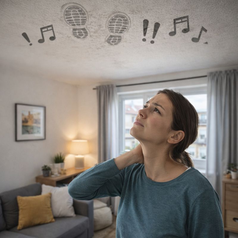 Mieterin steht in ihrer Wohnung und hört störende Geräusche von oben, die erst nach dem Einzug auffallen