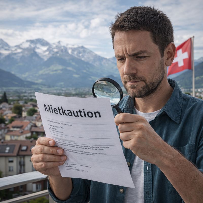 Mieter prüft nach dem Auszug ein Dokument zur Mietkaution und kontrolliert mögliche Abzüge