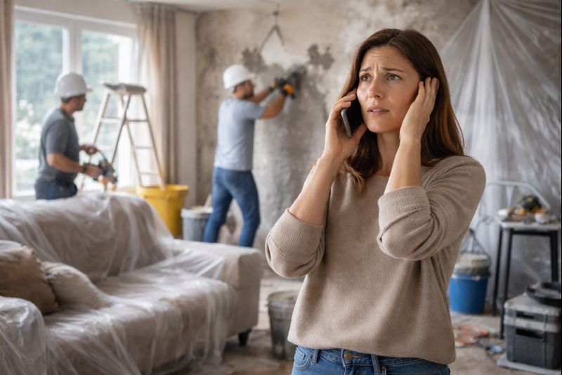 Mieterin steht in ihrer Wohnung während laufender Renovationsarbeiten und hält sich wegen Baulärms die Ohren zu