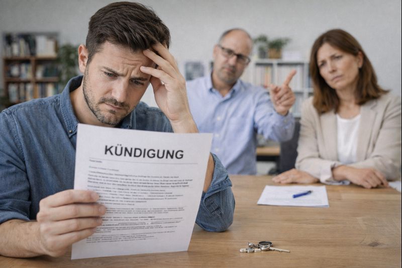 Mieter sitzt am Tisch und liest eine Kündigung des Vermieters, während er sichtlich besorgt wirkt
