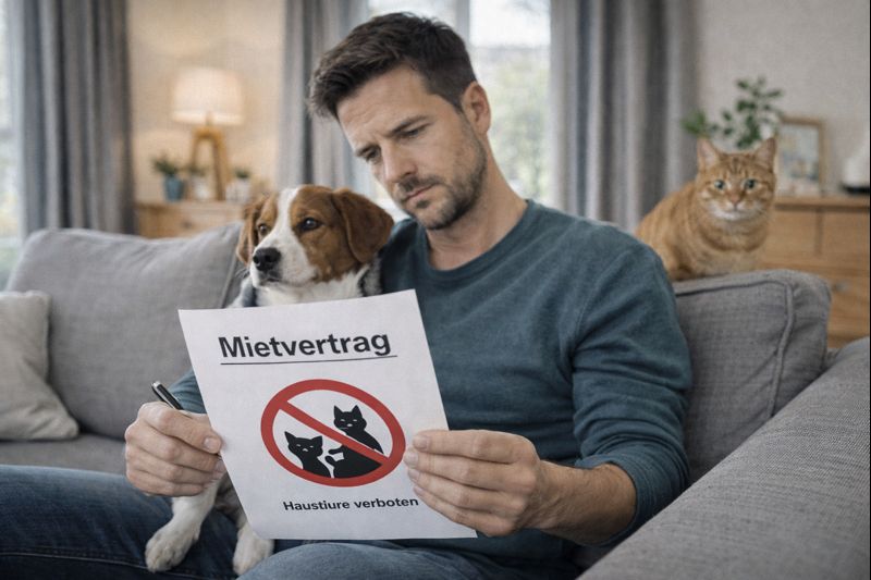 Mieter liest Mietvertrag mit Hinweis auf Haustierverbot, während Hund und Katze in der Wohnung sind