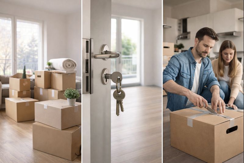 Umzug in einer Wohnung mit gepackten Umzugskartons, Wohnungsschlüssel in der Tür und Mietern beim Packen