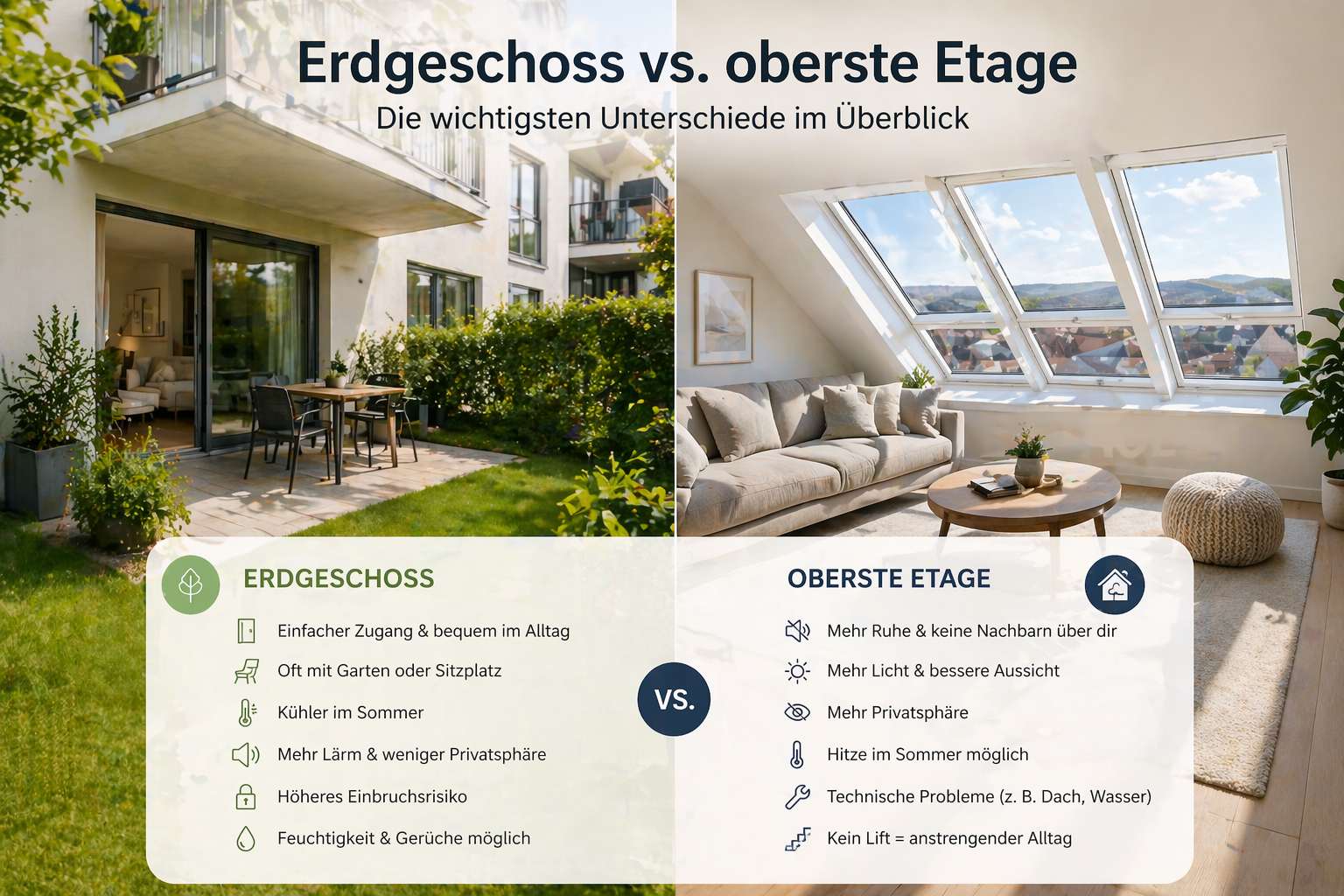 Vergleich zwischen Dachgeschoss und Erdgeschoss Wohnung